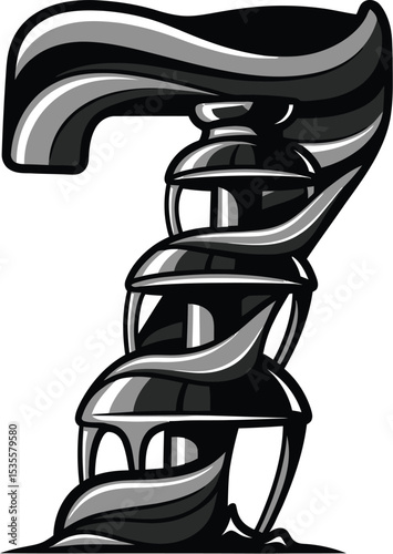 A stylized number seven in shades of gray with a unique design on a white background illustration
