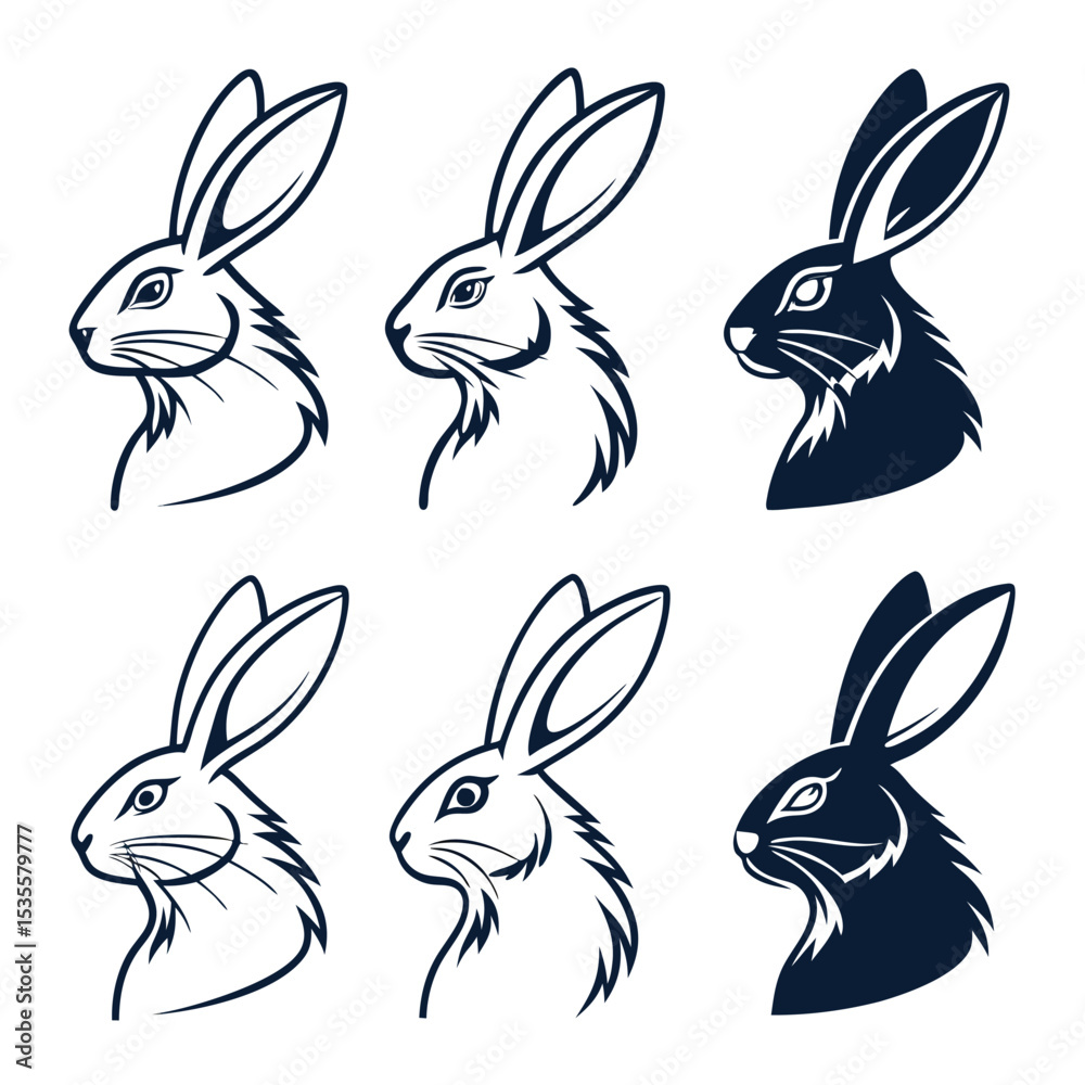Fototapeta premium Vector illustrations of rabbit heads in various styles for logos and graphic design elements