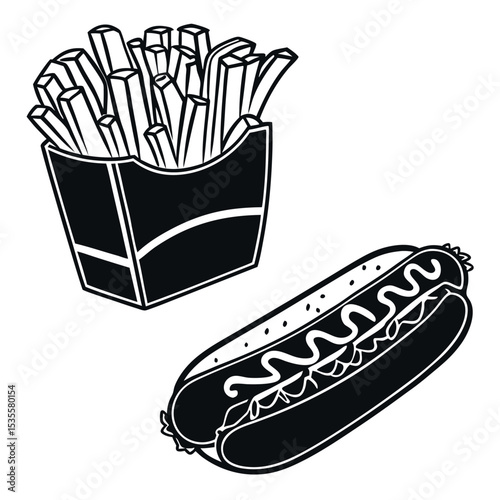 Set of Fast Food Silhouettes Including Fries and Hotdog