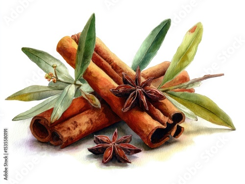 watercolor painting of cinnamon sticks and star anise with leaves, soft tones