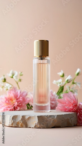 Elegant perfume bottle with gold cap on stone with pink flowers backdrop