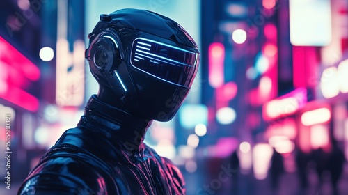 Neon-lit cyborg with glowing visor stands in a vibrant, blurred city street