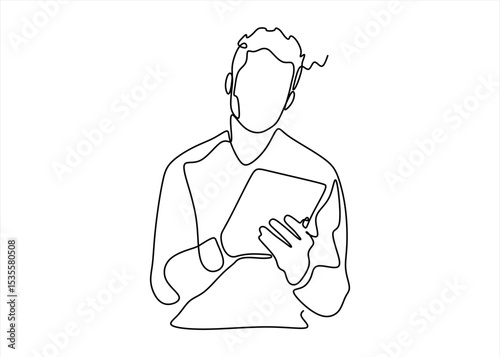 Man holding a tablet - single line drawing. Continuous Line. line icon-continuous line drawing.