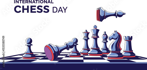 International chess day graphic with chess pieces on a chessboard in a stylized vector illustration