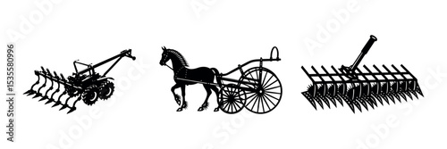 Farming Tools Silhouette Clipart Agricultural Vehicle and Machinery Vector Art Design set