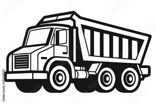 Black and white vector illustration of a dump truck for construction and transportation