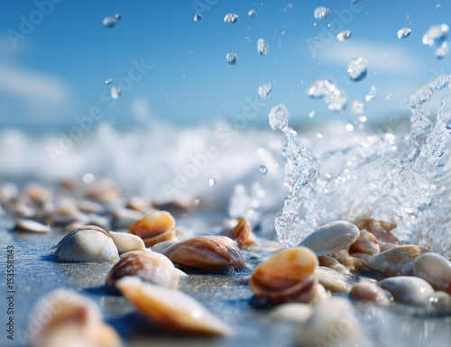 Macro Shot of Smooth Stones Under Shallow Wave, Bright Sunlight and Clear Blue Water,Generative ai