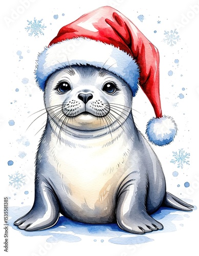 cute seal in santa hat watercolor illustration holiday card.