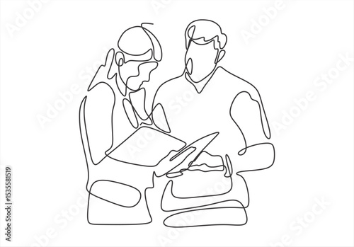 Two people consulting a document in a continuous line. Continuous Line. line icon-continuous line drawing.