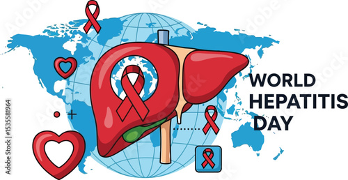 Illustration of liver with red ribbons and hearts for world hepatitis day awareness campaign design