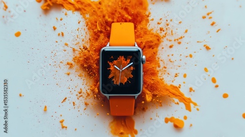 Vibrant Orange Explosion Surrounding Smartwatch Displaying Leaf Design on White Background