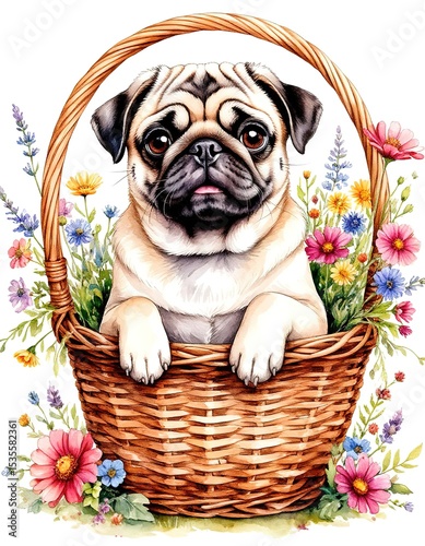 cute puppy pug in basket with flowers. watercolor illustration card.