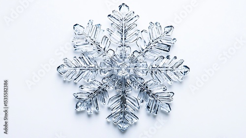Detailed close-up of a clear, crystalline snowflake, intricate design,  against a plain white background