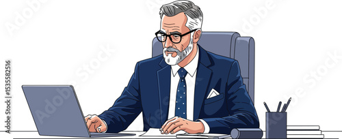 A man with gray hair and a beard wearing glasses and a suit working on a laptop at a desk in an office
