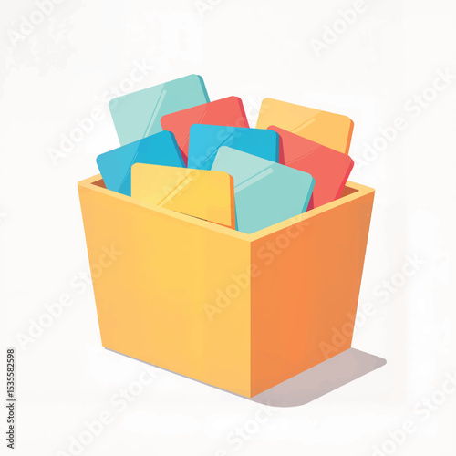 Colorful flashcards in yellow bin, organized learning concept