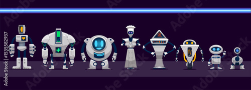 Vector illustration of 8 cute cartoon robots, each with a unique function: a medical bot, chef bot, animal robot, assistant, and more. Designed in a playful, colorful style perfect for games