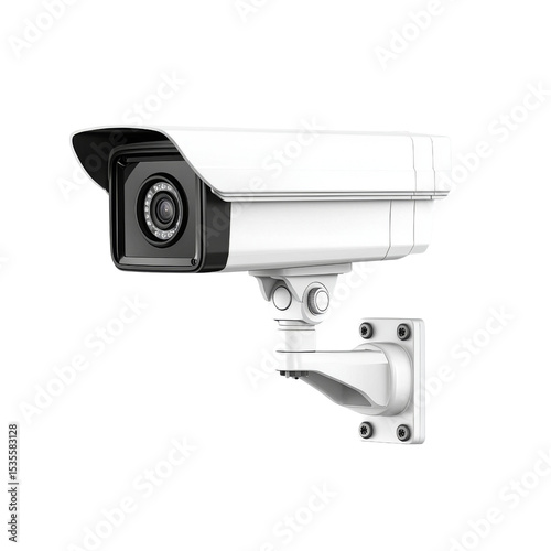 Surveillance camera mounted on wall, designed for security monitoring. This device features sleek white casing and adjustable angle for optimal coverage