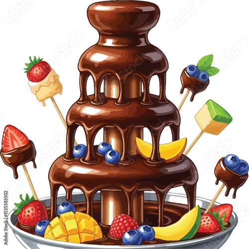 A chocolate fountain with strawberries blueberries mango and other fruits around the base and on skewers