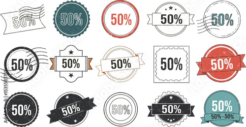 A collection of fifteen different fifty percent discount sale badges on a white background image display