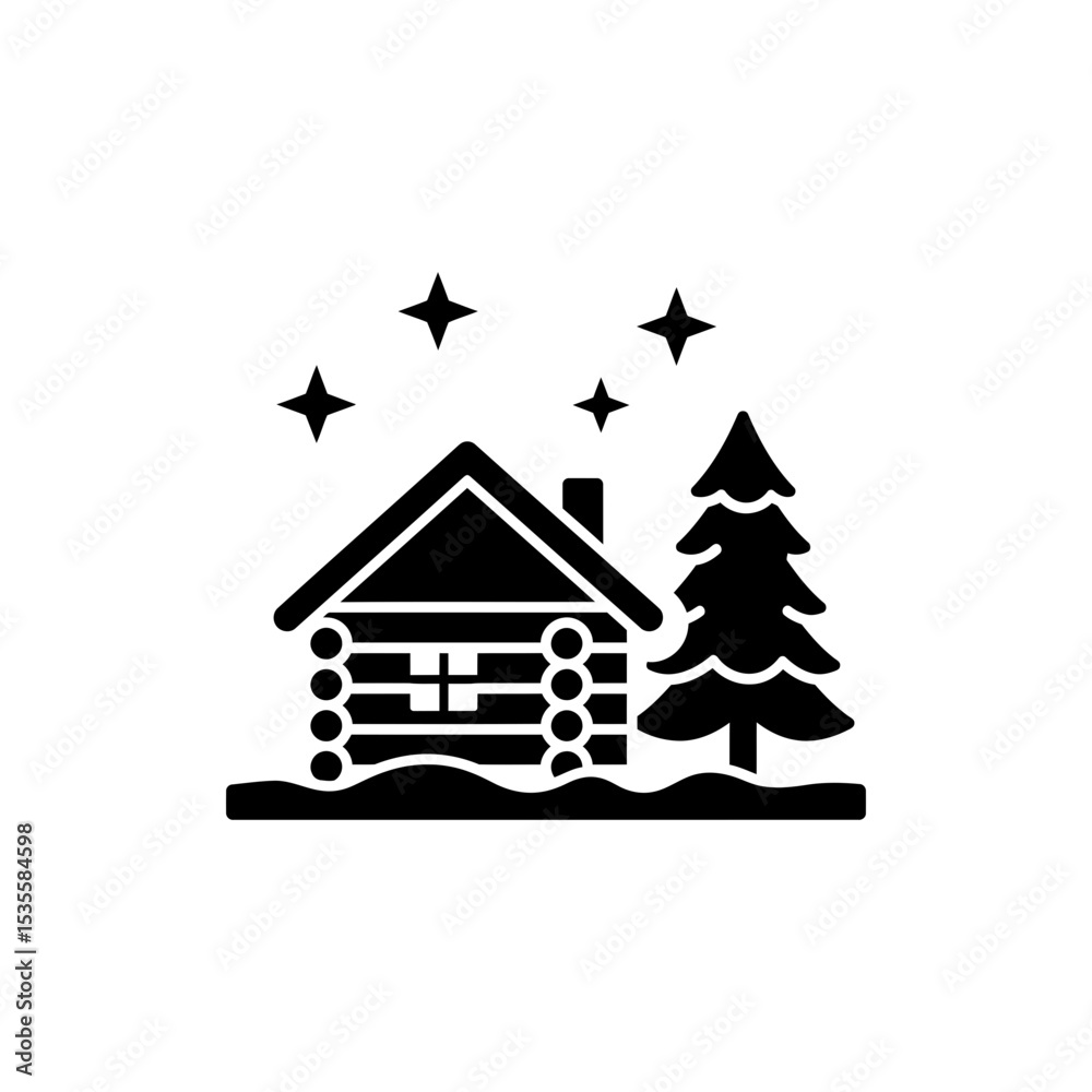 Naklejka premium Cabin Under Starry Snow Sky for Winter Night Retreat