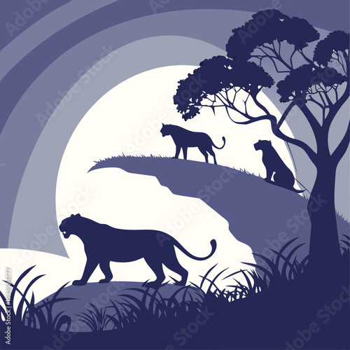African wildlife scene depicting leopards silhouetted against a crescent moon and landscape