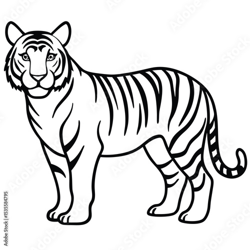Black and white cartoon tiger standing proudly depicting wildlife and animal nature