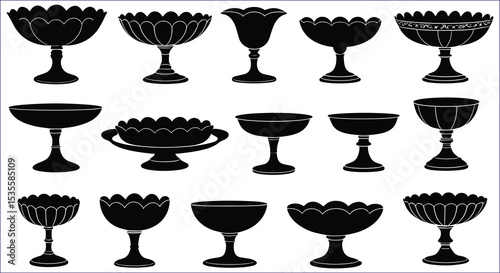 Black Decorative Bowls Vector Silhouettes Various Shapes In Set Isolated Style