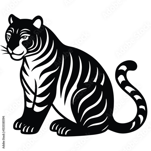 Black and white silhouette of a sitting tiger depicting strength and grace in a vector style