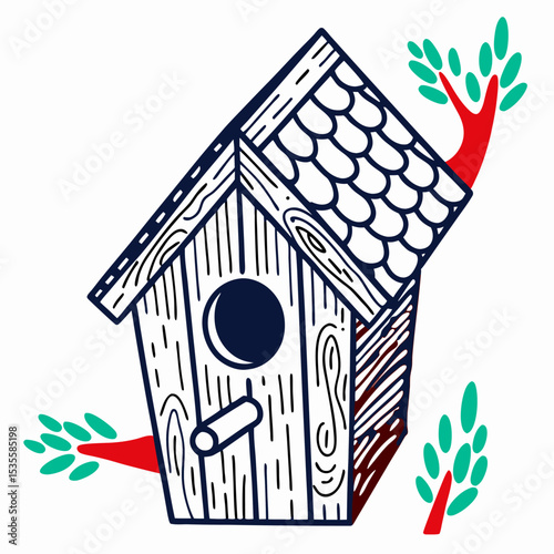 Cute Hand-Drawn Birdhouse Illustration, Wooden Birdhouse, Spring Birdhouse Design