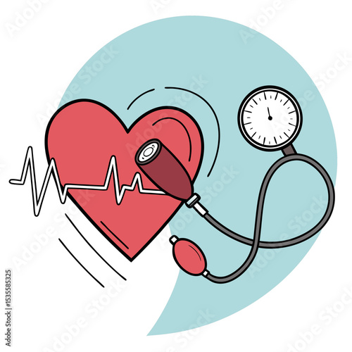 Illustration of Heart Health with Blood Pressure Monitor and Heartbeat Line on a Light Blue Background for Medical and Healthcare Concepts