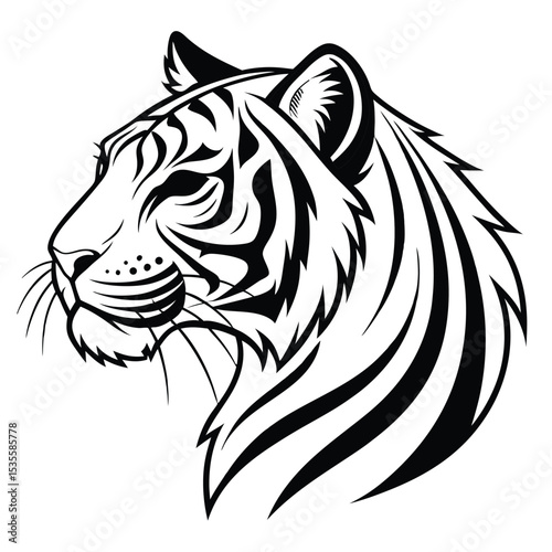 Black and white tiger head vector illustration depicting strength and power on a white background