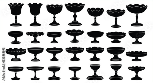 Black Vector Silhouettes Of Various Dessert Bowls And Dishes For Design
