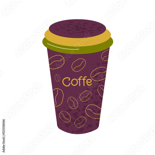 Bright vector illustration of a takeaway coffee cup with coffee bean pattern and Coffe text. Creative packaging design for cafe branding, menu, advertising, web, and print projects.