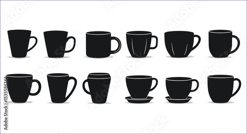 Collection Of Assorted Black Coffee Mugs Vector Graphic Illustration Set