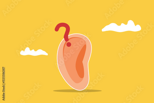 Question marks near large ear, concept of communication, misunderstanding, contemplation