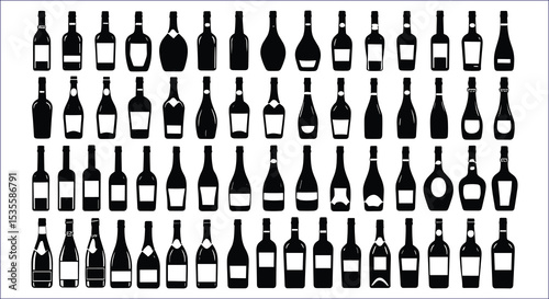 Diverse Silhouettes Of Wine And Champagne Bottles In Black On White