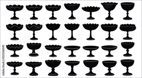 Elegant Black Dessert Bowls Collection Silhouette Design Vector Illustration