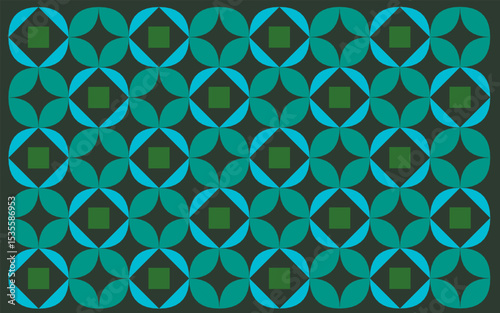 seamless geometric pattern. Ethnic style Indonesian Batik Ceplok motif, a simple geometric floral pattern alternating light green squares with teal rounded petals on a dark green background