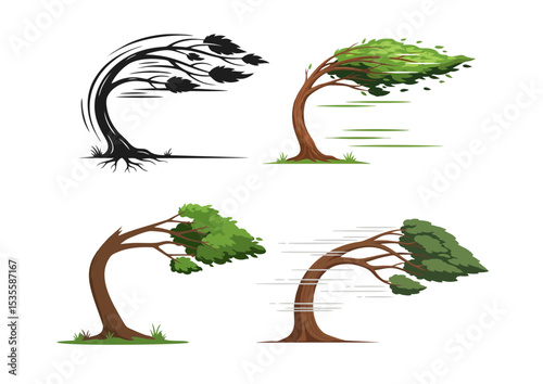 Bent but unbroken tree standing against wind, symbolizing resilience with curved form and motion lines on transparent background
