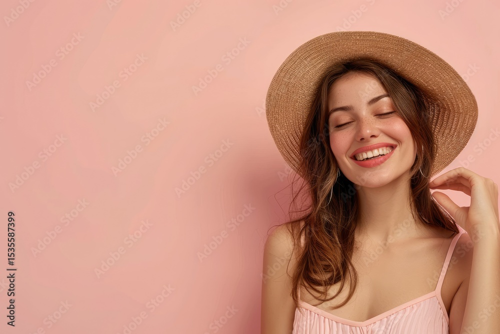Flawless Visual of Happy Woman Posing with Hat and Copy Space Flawless Visual of Happy Woman Posing with Hat and Copy Space