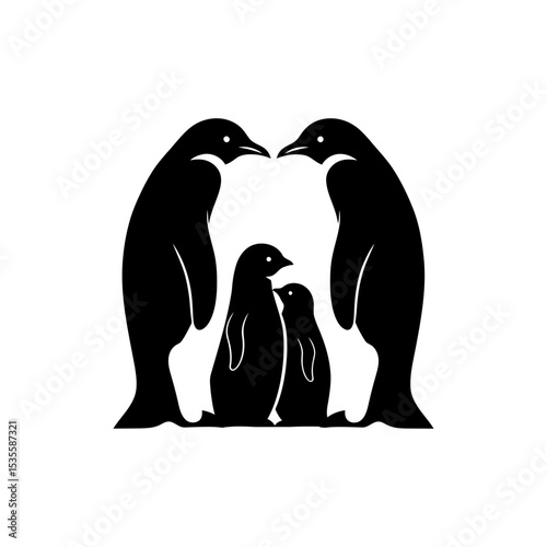Penguin family huddled closely together for warmth in cold environment