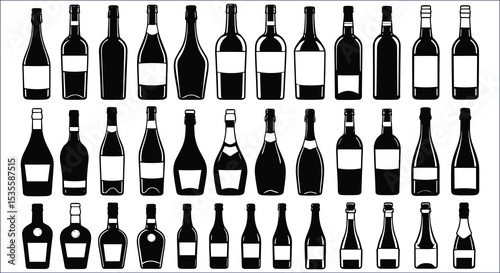 Seamless Pattern Of Various Bottle Shapes For Drinks In Black