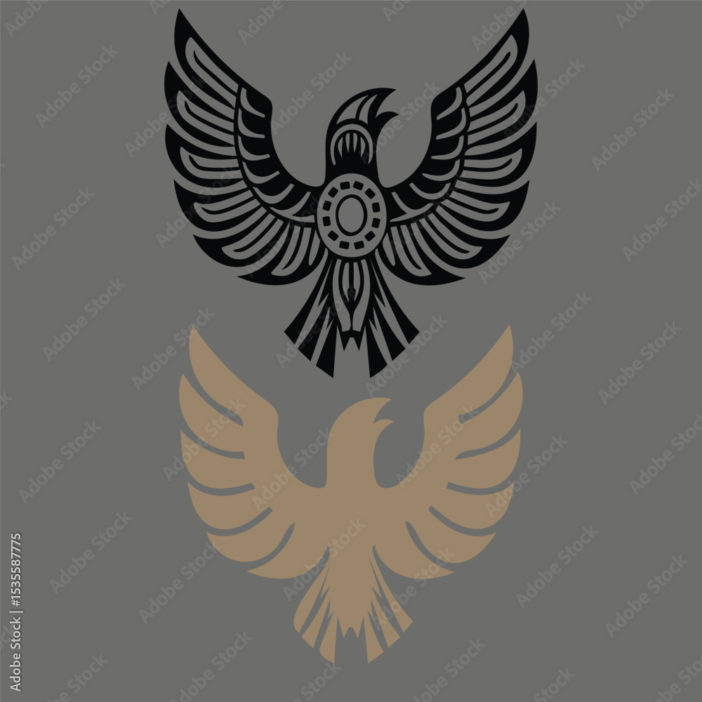Obraz premium Eagle with spread wings in vector tattoo style with feathered design elements