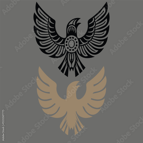 Eagle with spread wings in vector tattoo style with feathered design elements