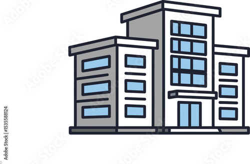 Illustration of a modern office building with a flat design and blue windows on a white background