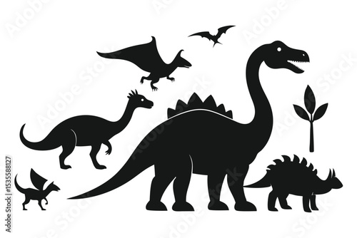Silhouetted illustrations of various dinosaurs and pterosaurs isolated on a white background