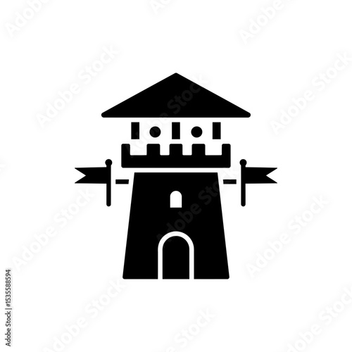 Medieval Watchtower with Flat Roof and Flags Flying Outside