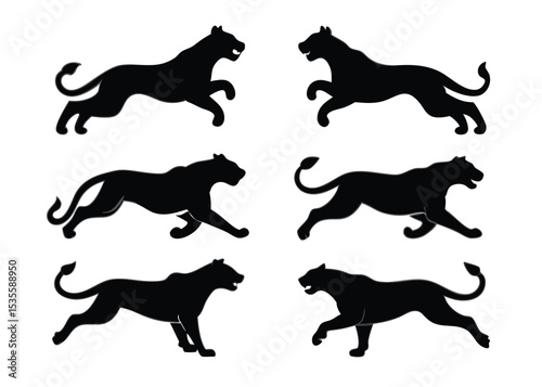 Black panther silhouettes in motion representing power and elegance on a clean white background