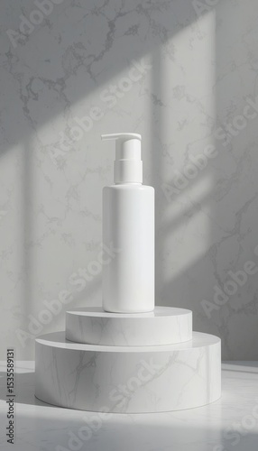 Minimalist White Pump Bottle on Marble Pedestal with Soft Light and Shadow Play