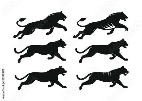 Black panther silhouettes in running position showing movement and powerful representation